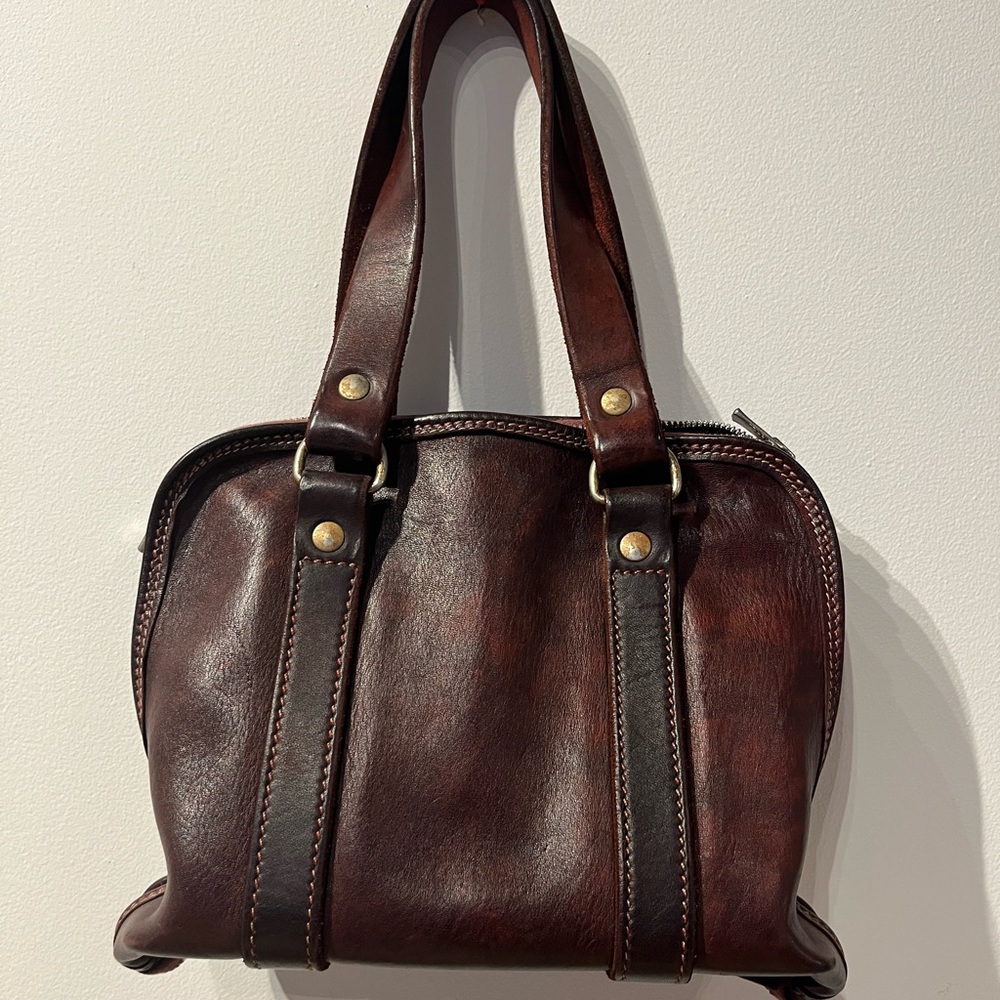Guidi Dark Brown Leather Tote with Distressed Red Accents - Picture 2 of 6